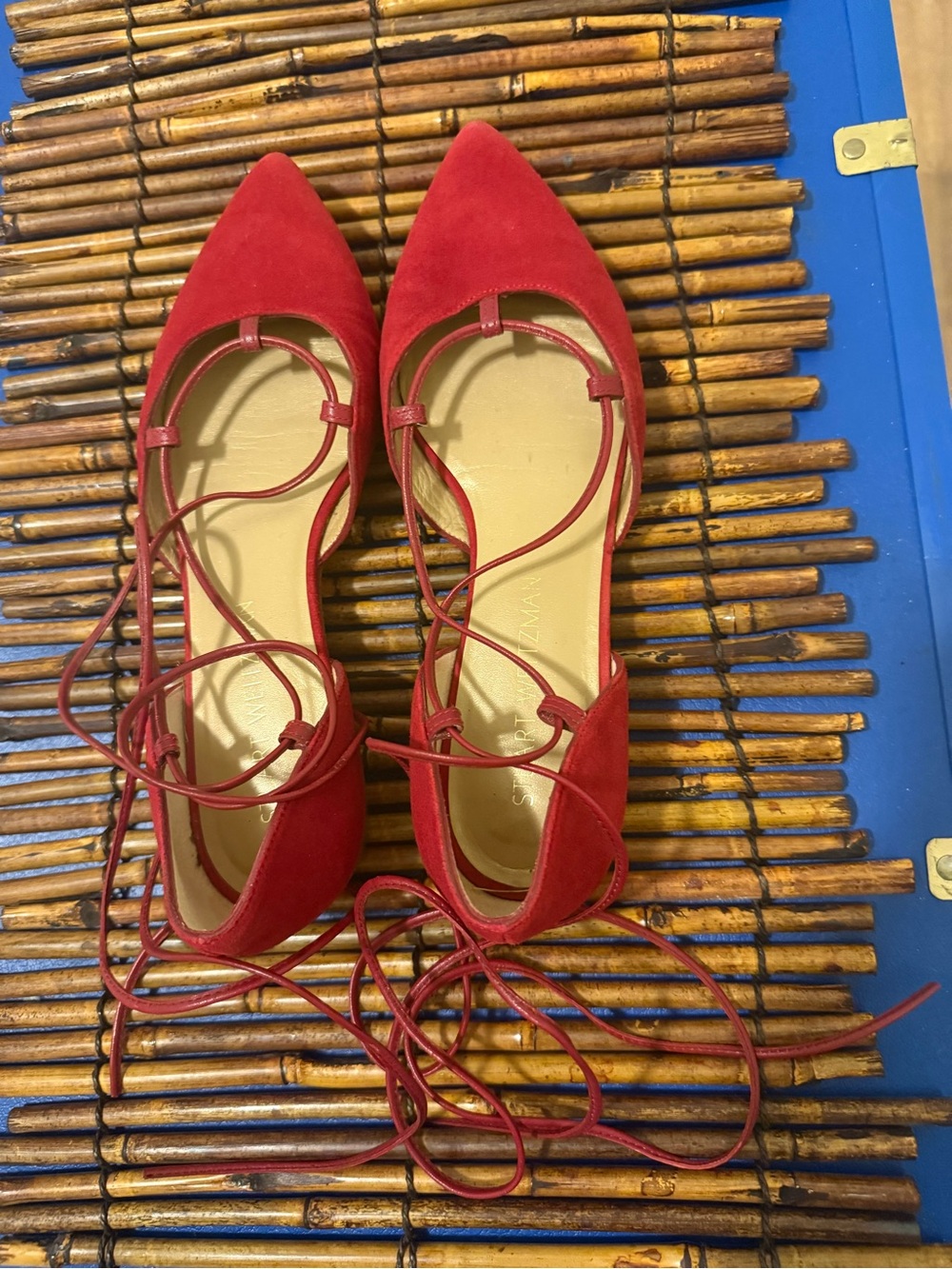 Stuart Weitzman Red Lace-Up Ballet Flats